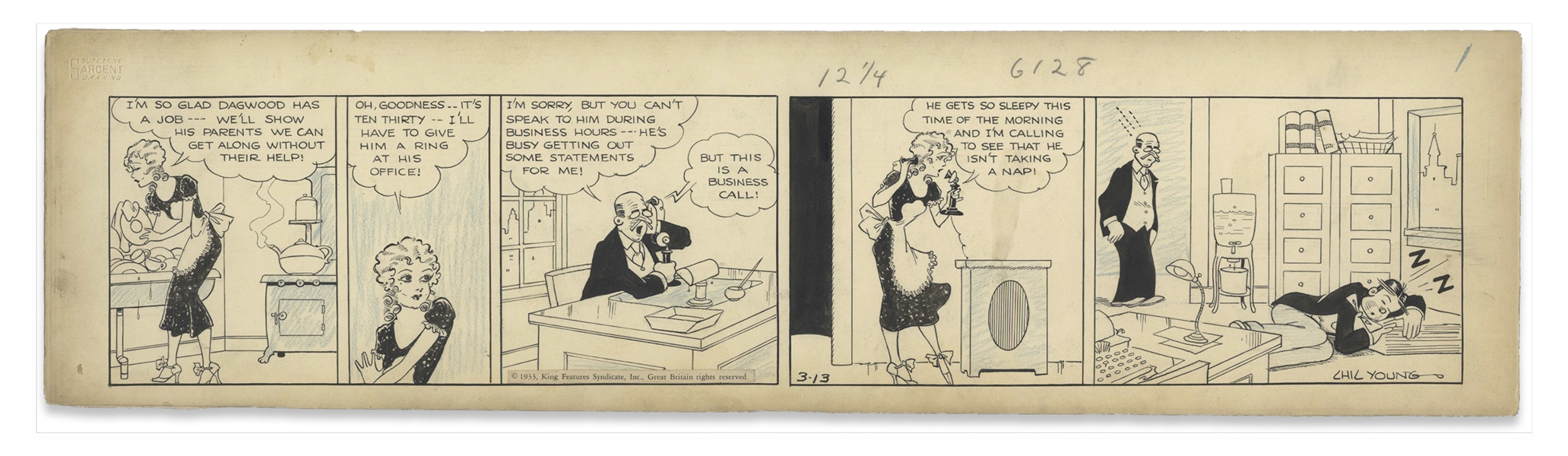 Chic Young Hand-Drawn ''Blondie'' Comic Strip From 1933 Titled ''Mrs. Rip Van Winkle'' -- The Very First Strip of Dagwood Sleeping on the Job